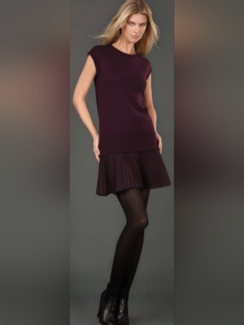 Iisli Cashmere Drop Waist Pleated Hem Dress Purple Size M